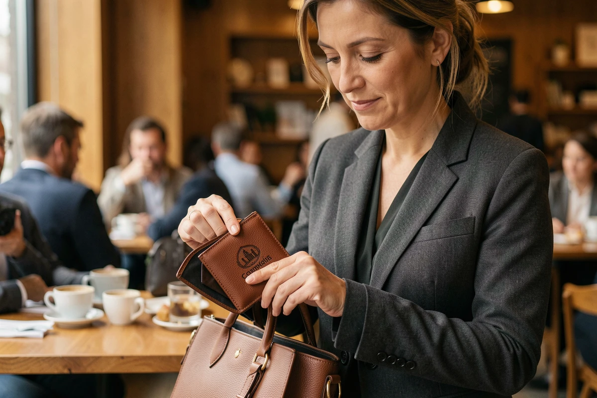 Femme d'affaires sortant un portefeuille en cuir cognac personnalisé avec logo gravé dans un café urbain