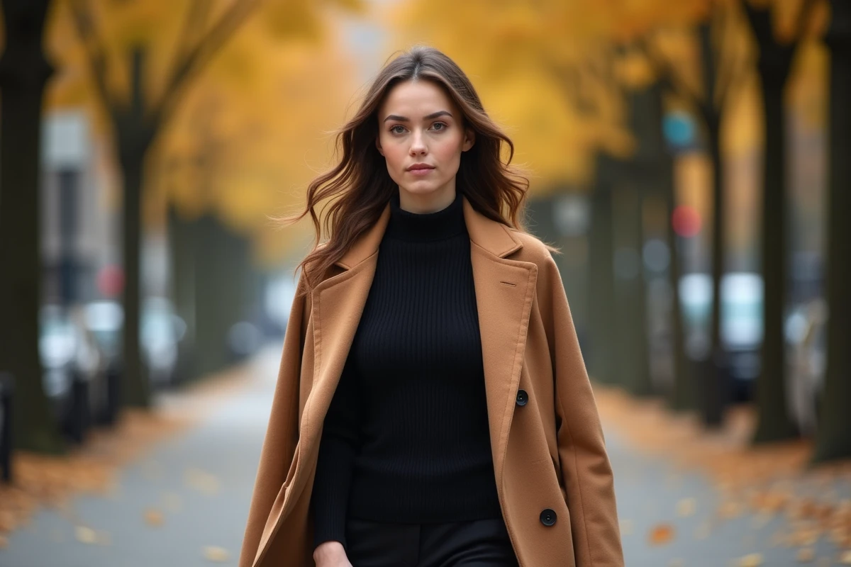 Femme en pull ras du cou noir et manteau camel marchant dans une rue parisienne en automne