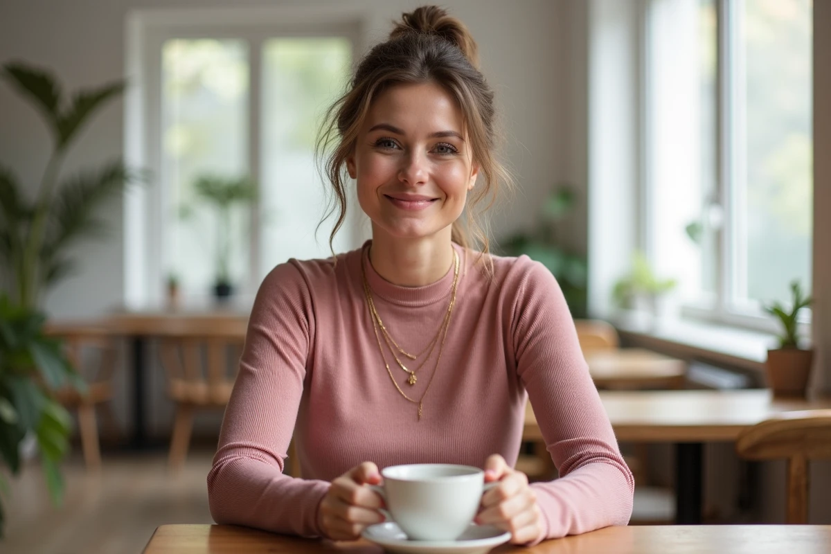Femme souriante portant un haut ras du cou rose poudré avec colliers dorés dans un café scandinave