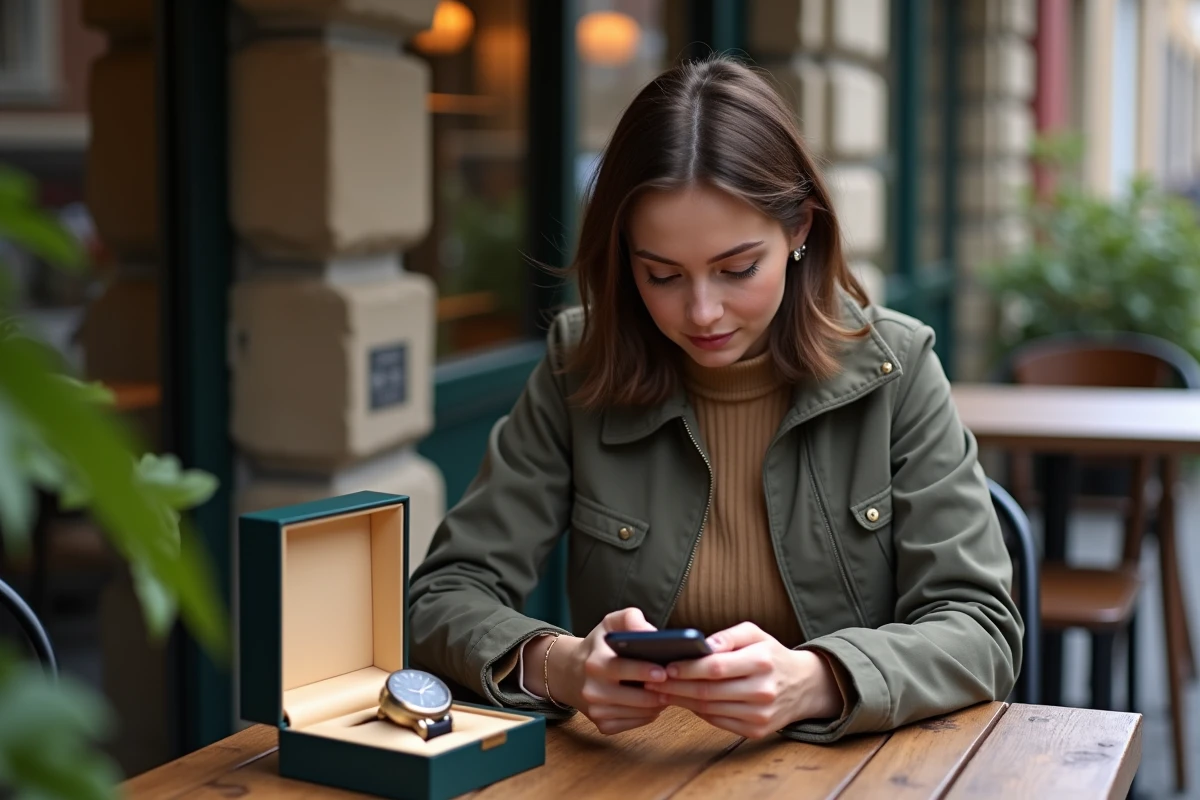 Jeune femme cherchant une montre sur son smartphone au caf&eacute;