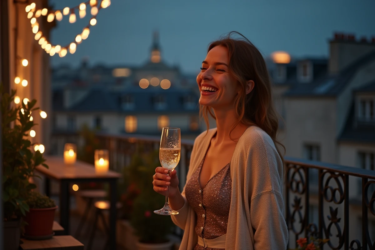 Femme souriante en robe scintillante sur un balcon parisien la nuit