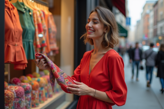 Femme en robe rouge examine un foulard dans une boutique urbaine