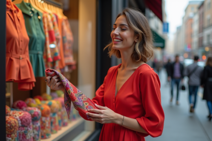 Femme en robe rouge examine un foulard dans une boutique urbaine