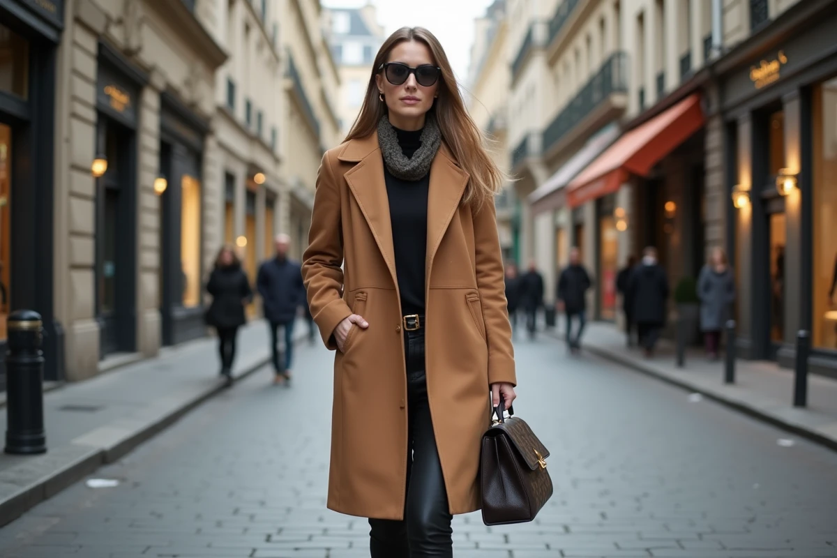 Femme élégante avec un sac de créateur de luxe marchant dans une rue commerçante parisienne, image de statut social et de mode haut de gamme