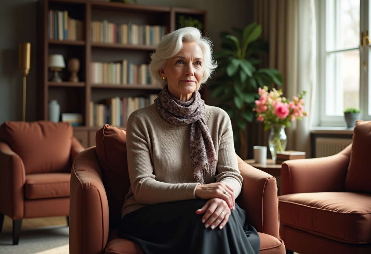 Femme confiante assise dans un salon cosy et lumineux