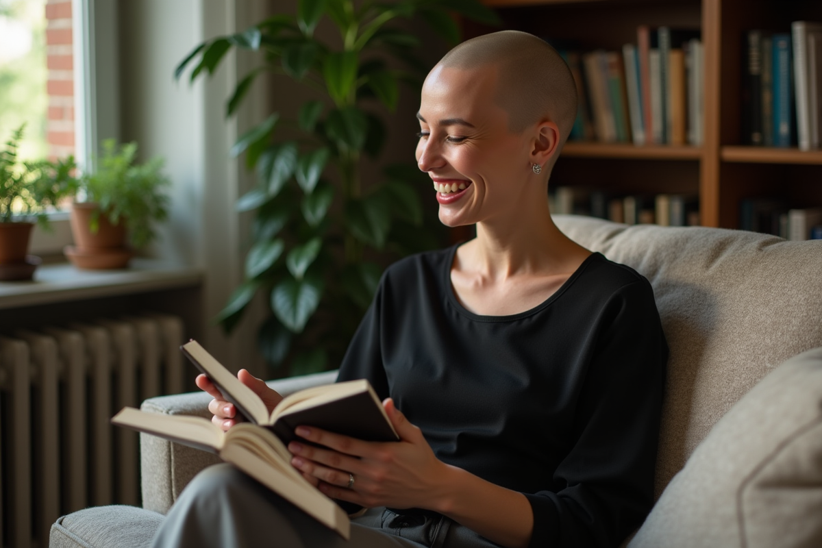 Femme souriante lisant un livre à la maison