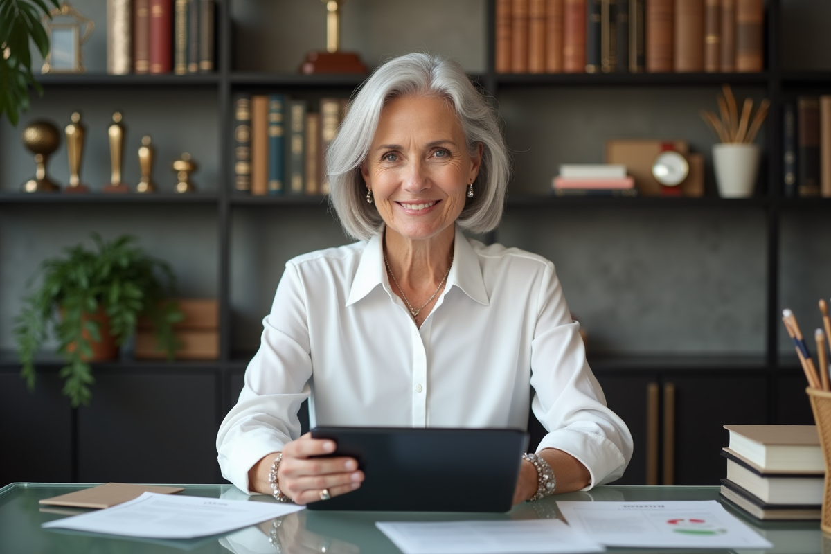 Femme senior confiante avec tablette dans un espace de travail
