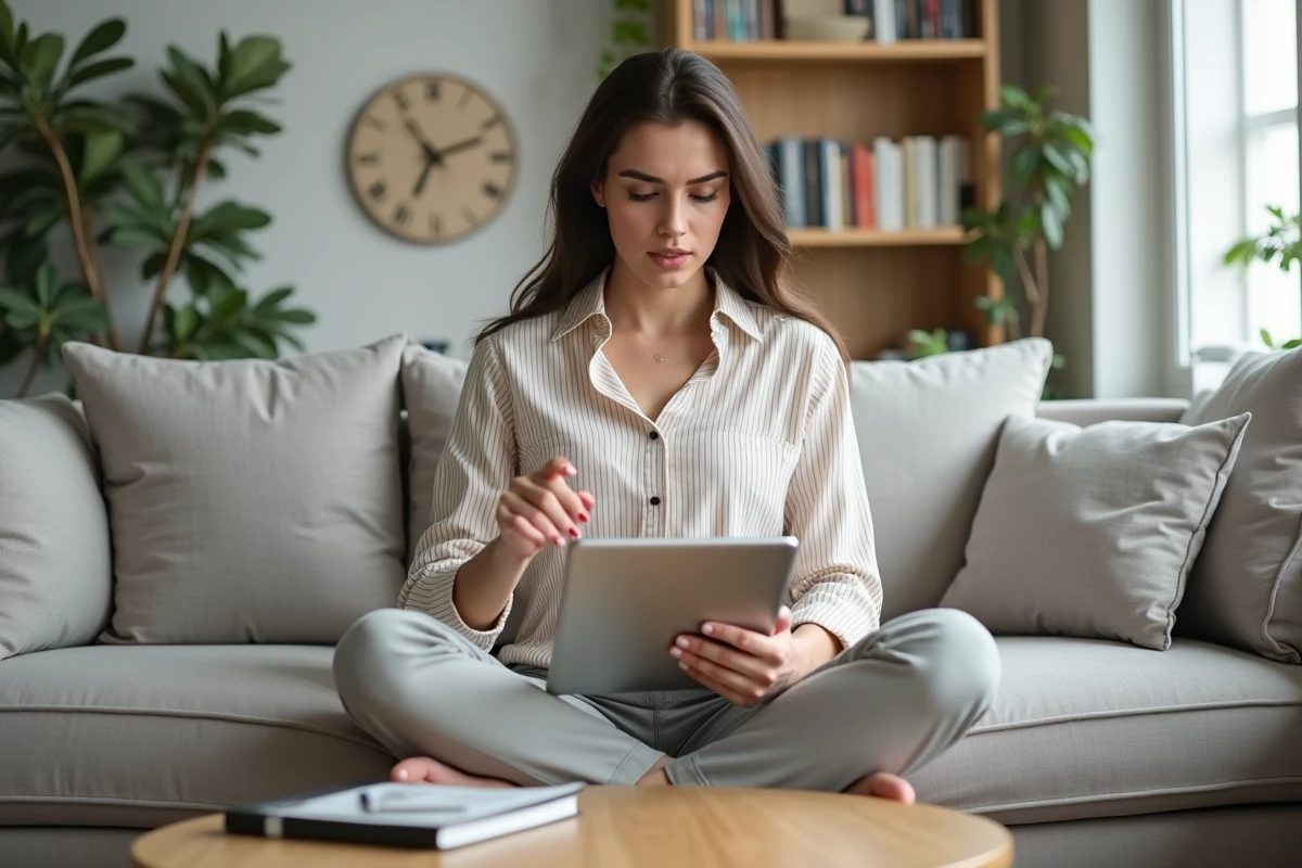 Jeune femme assise dans son salon consultant une tablette pour résoudre un bug sur son espace habillement en ligne