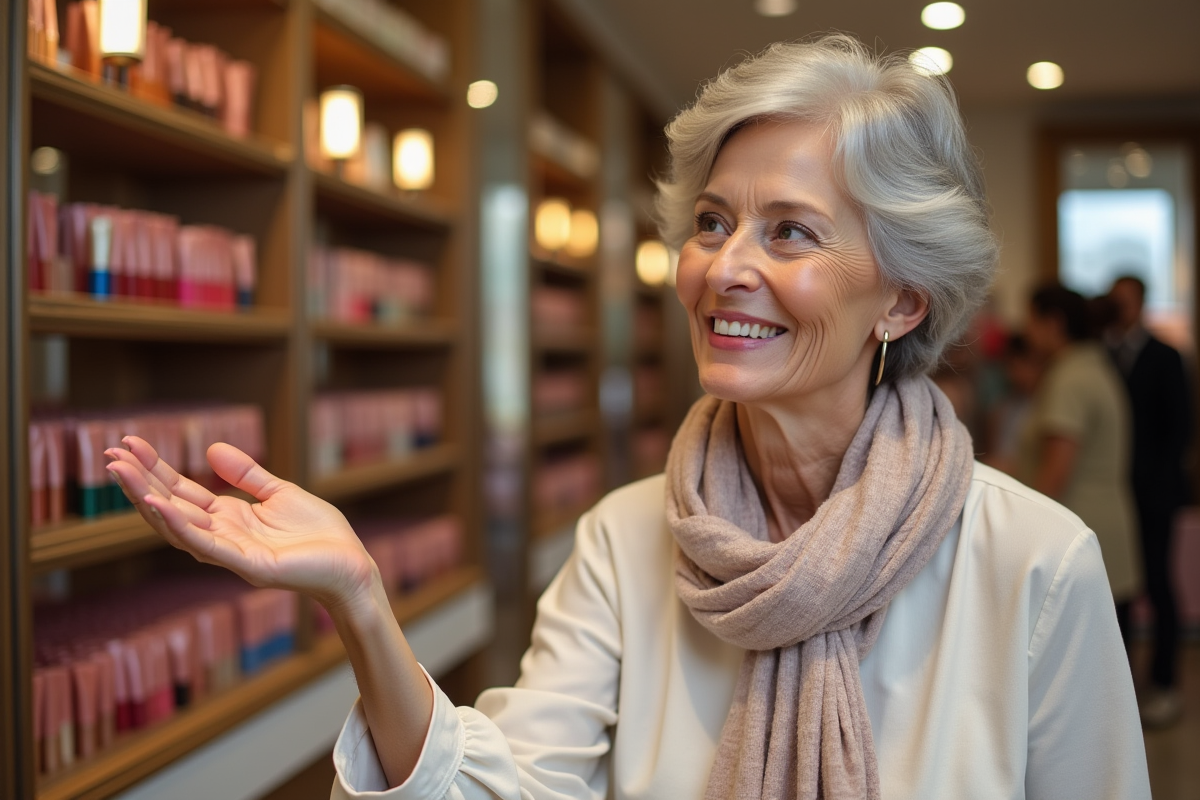 Femme confiante testant différents rouges à lèvres en boutique