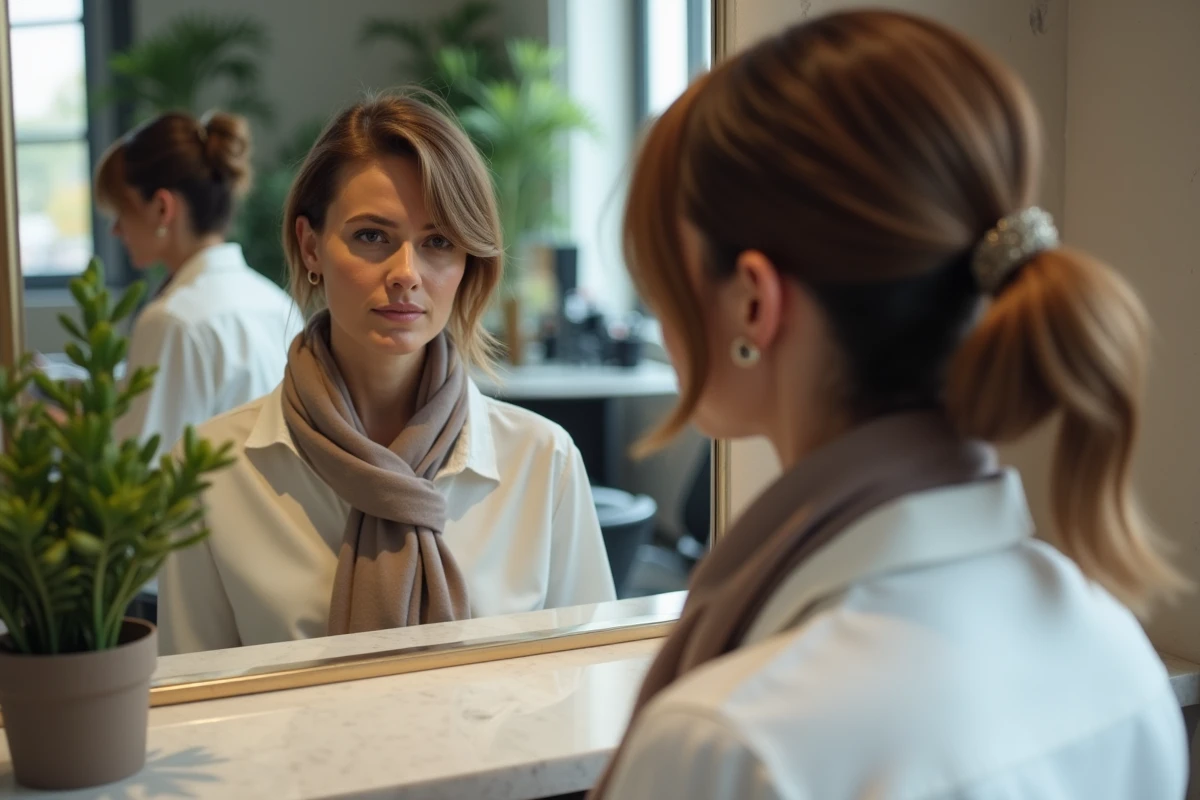 Femme examinant sa coupe moderne dans un salon chic