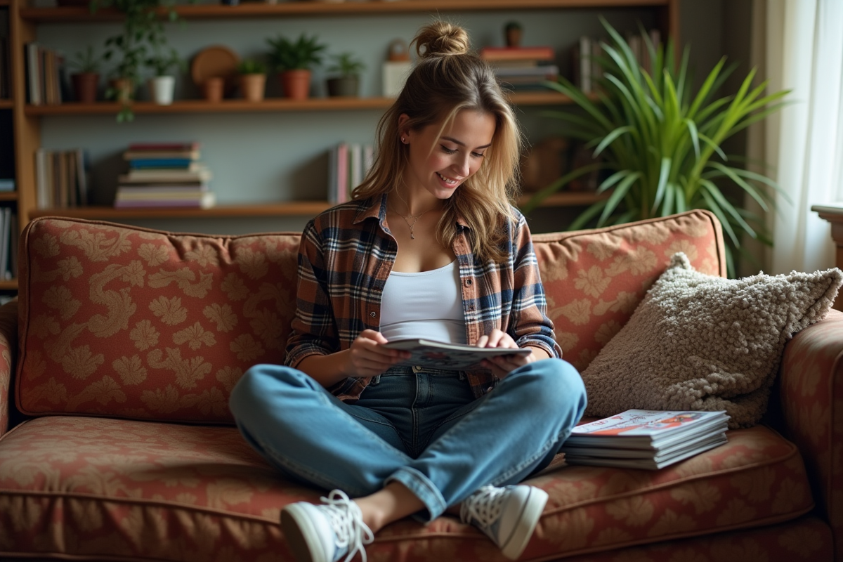 Femme en style 90s dans un salon vintage