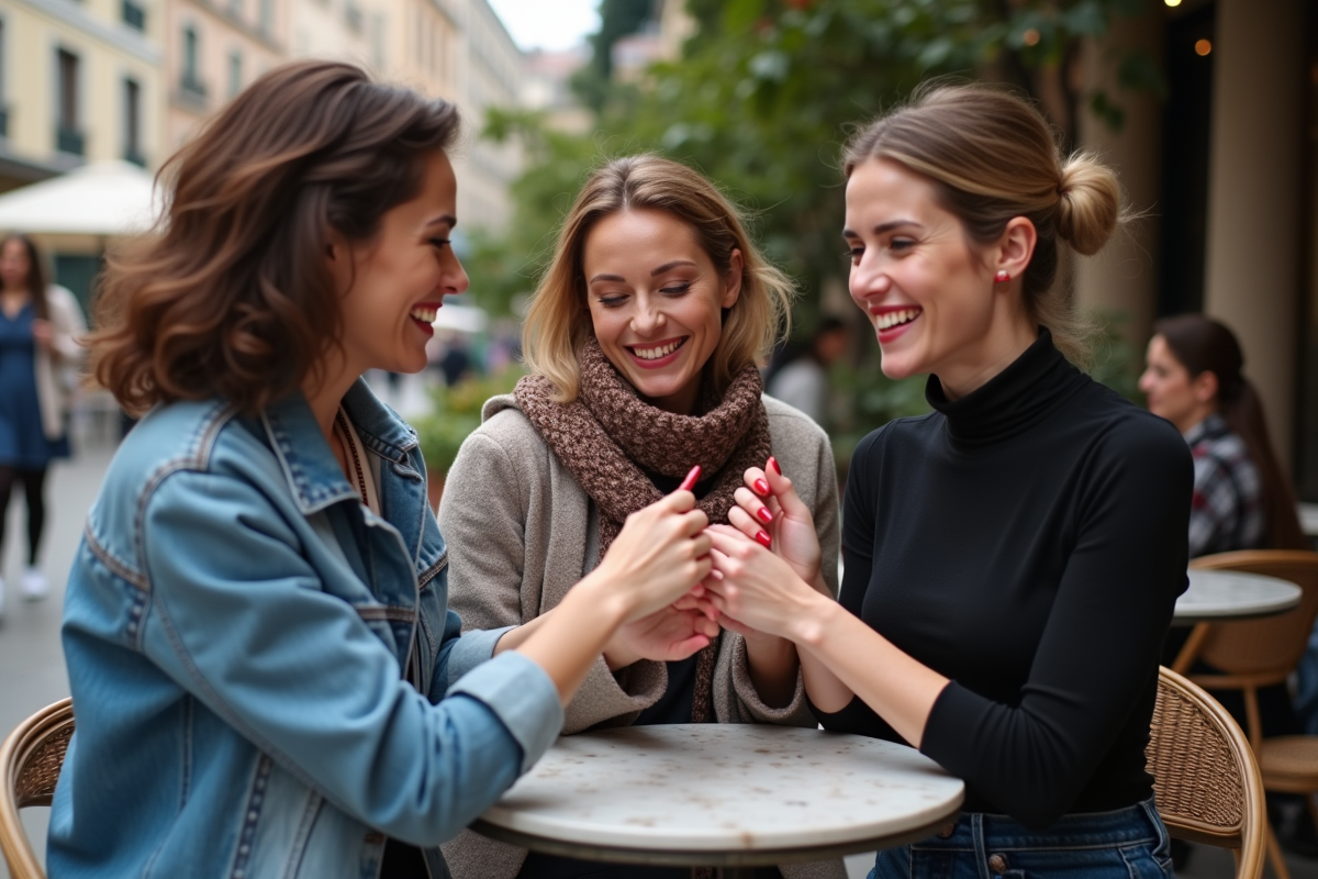 Trois femmes testant différentes couleurs de rouge à lèvres en extérieur