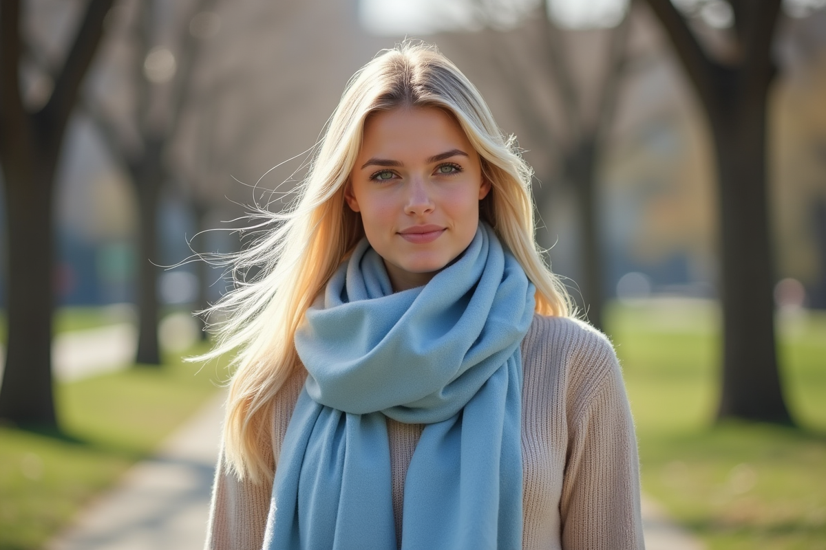 Jeune femme blonde en promenade dans un parc au printemps