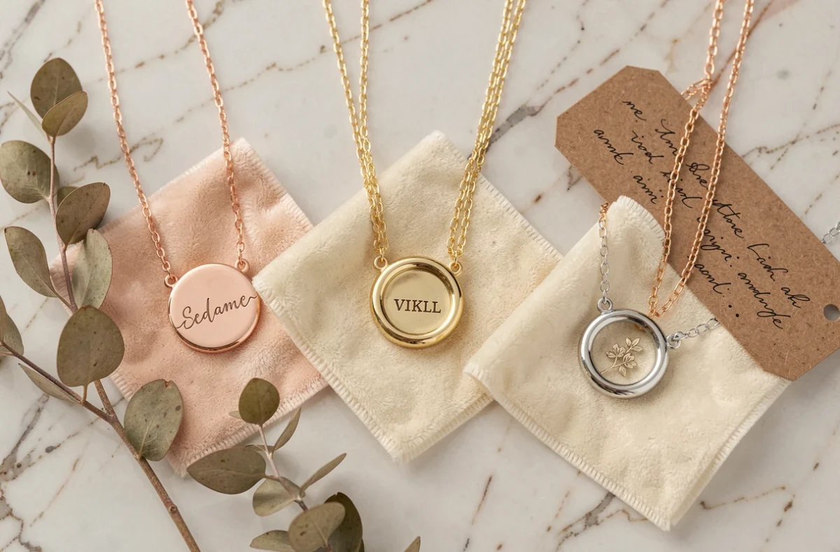 Flat-lay de plusieurs bolas de grossesse personnalisés avec prénom et initiales en or rose, or jaune et argent
