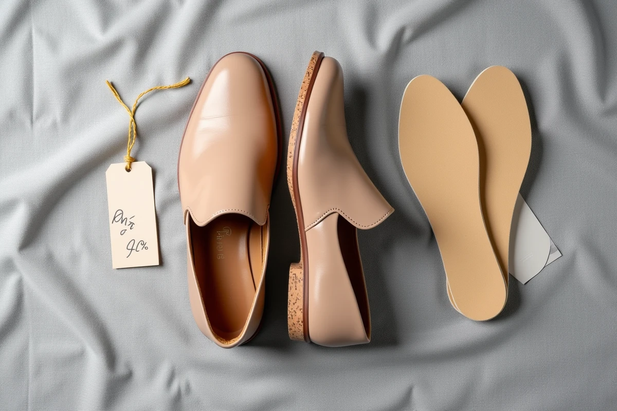 Vue de dessus de chaussures orthopédiques en cuir avec étiquette de réduction et semelle sur fond de lin gris