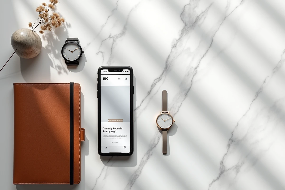 Flat lay luxe moderne avec smartphone affichant site éditorial luxe digital sur marbre blanc et accessoires haut de gamme