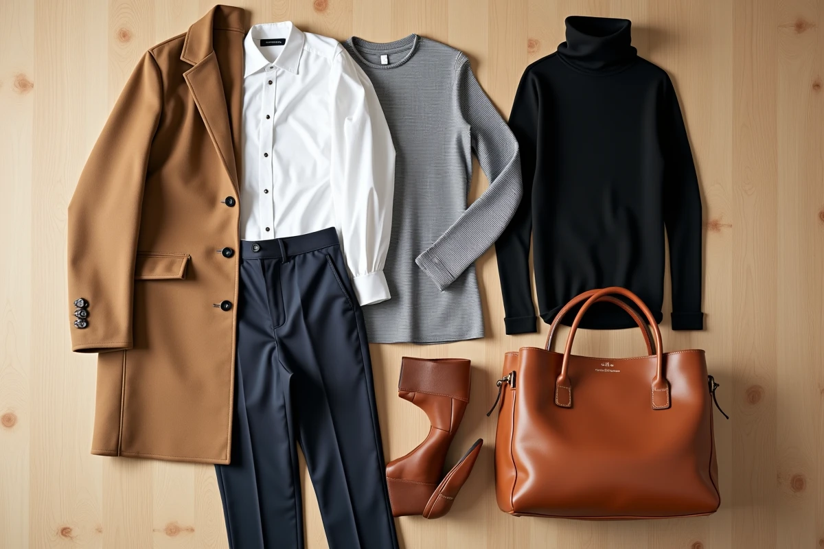 Flat lay éditorial d'une sélection de vêtements essentiels pour une capsule wardrobe intemporelle