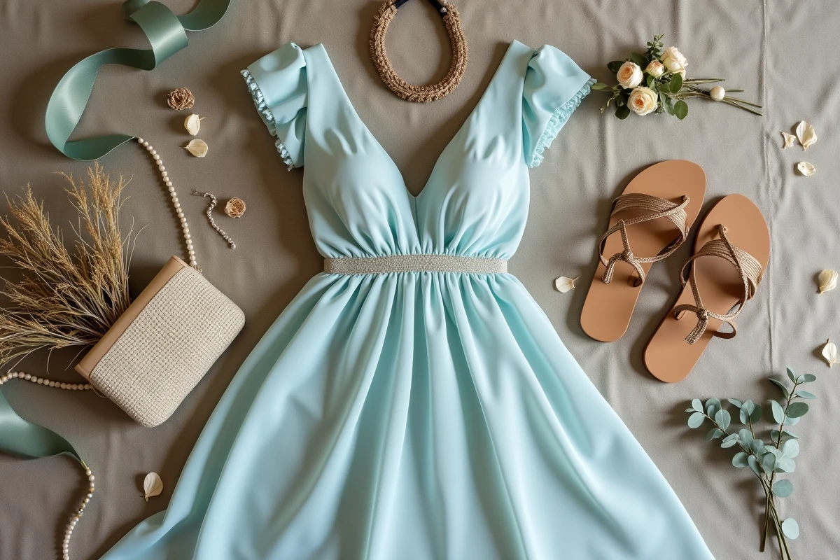 Flatlay bohème de robe demoiselle d'honneur bleu pastel avec accessoires mariage dorés, sandales, bijoux et fleurs séchées sur lin