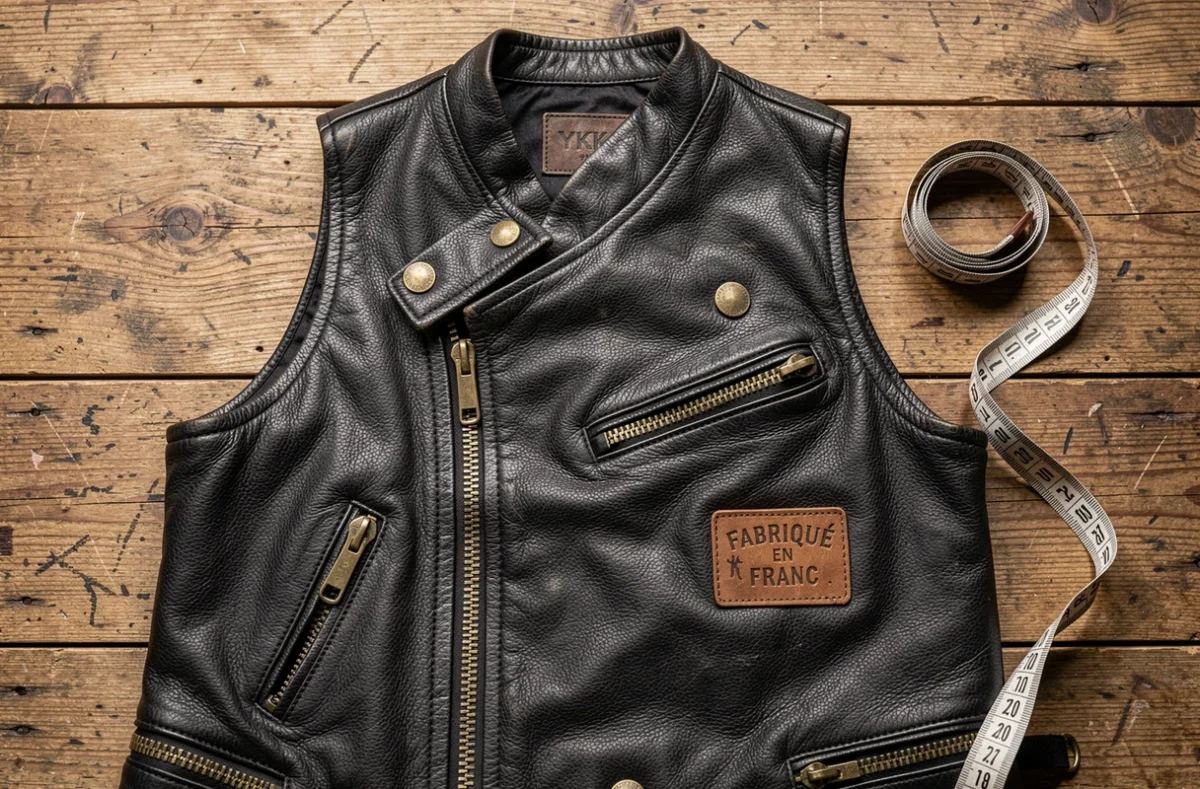 Vue rapprochée d'un gilet biker cuir fabriqué en France avec étiquette made in France, coutures et quincaillerie détaillées