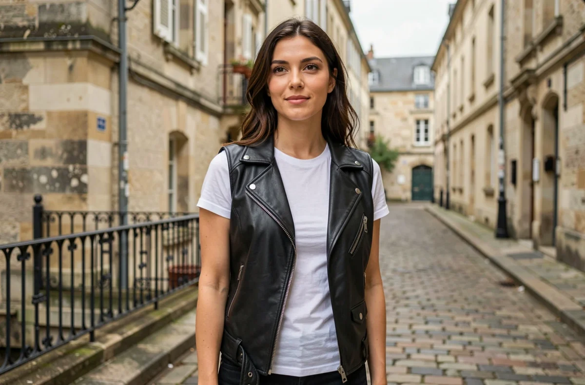 Femme portant un gilet biker cuir made in France dans une rue pavée française, style authentique et qualitatif