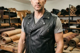 Gilet biker en cuir véritable fabriqué en France, porté dans un atelier artisanal avec détails de couture visibles