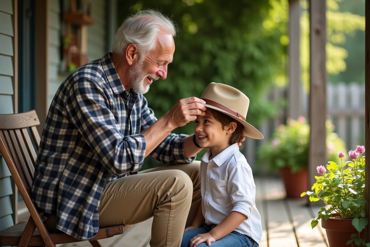 Grand-pere aidant un enfant à mettre un chapeau sur la terrasse