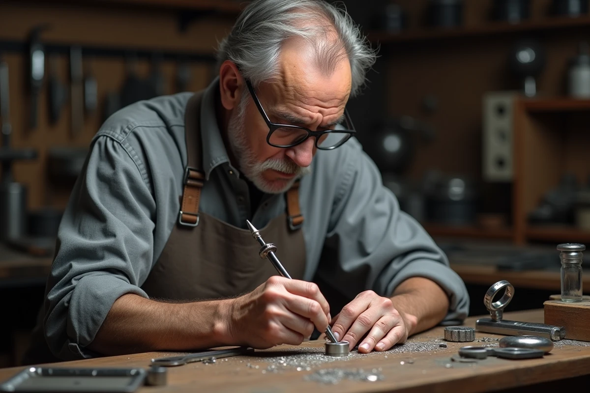 Artisan bijoutier gravant une chevalière homme en argent dans son atelier traditionnel, travail artisanal de précision sur un bijou de famille