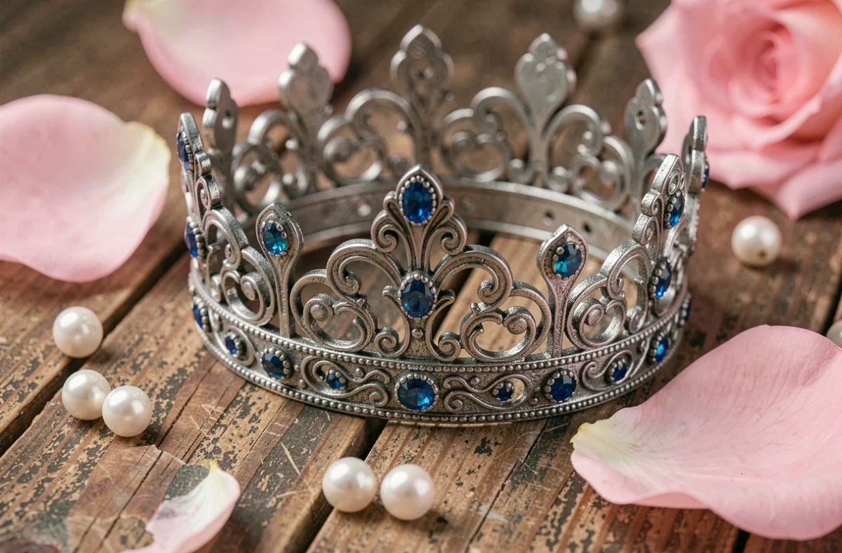 Gros plan d'une couronne de princesse argentée avec pierres bleues et filigrane sur bois vintage entourée de pétales roses
