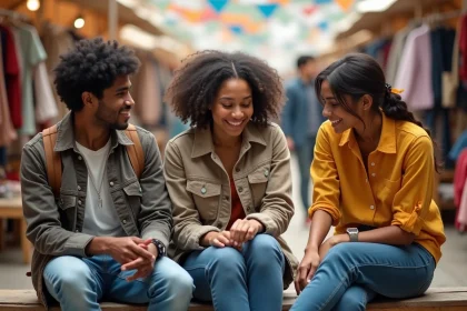Groupe de jeunes adultes discutant de mode recycl&eacute;e en march&eacute;