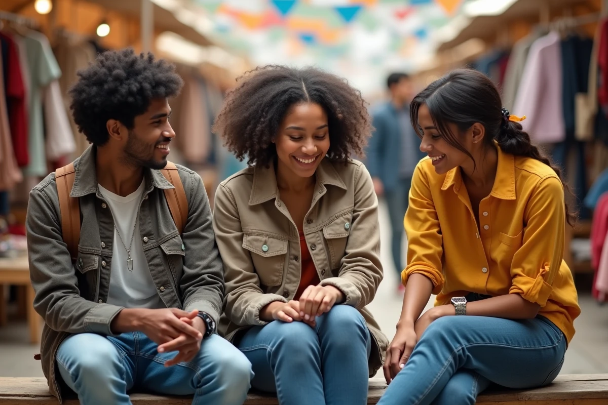 Groupe de jeunes adultes discutant de mode recyclée en marché