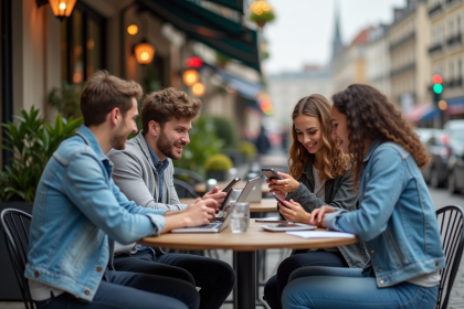 Jeunes adultes au café en terrasse en discussion