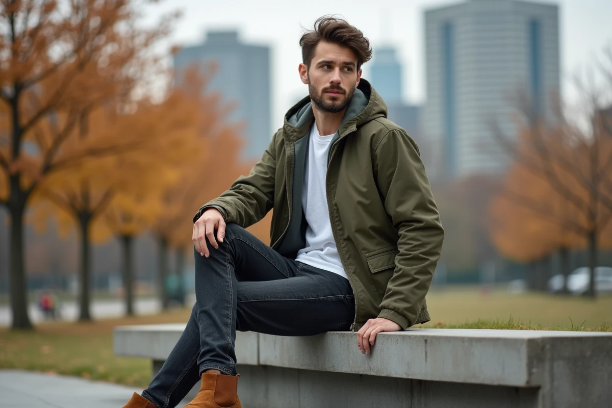 Homme portant un anorak kaki à capuche amovible en look décontracté dans un parc urbain en automne
