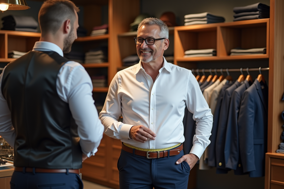 Homme souriant dans une boutique de vêtements avec ceintures