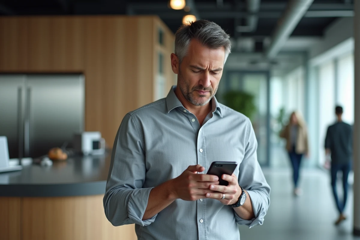 Homme en chemise grise utilisant son smartphone pour accéder à son espace habillement, confronté à un bug de connexion dans un bureau moderne