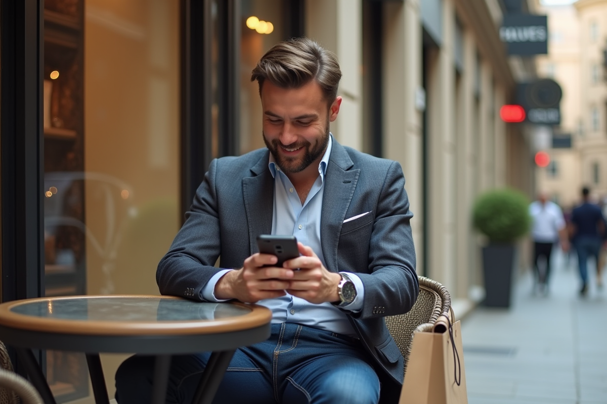 Homme confiant assis dans un café en ville avec sacs