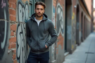 Homme en sweat à capuche amovible gris urbain avec chino slim et sneakers blanches dans une ruelle européenne