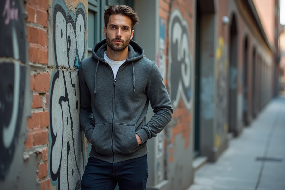 Homme en sweat à capuche amovible gris urbain avec chino slim et sneakers blanches dans une ruelle européenne