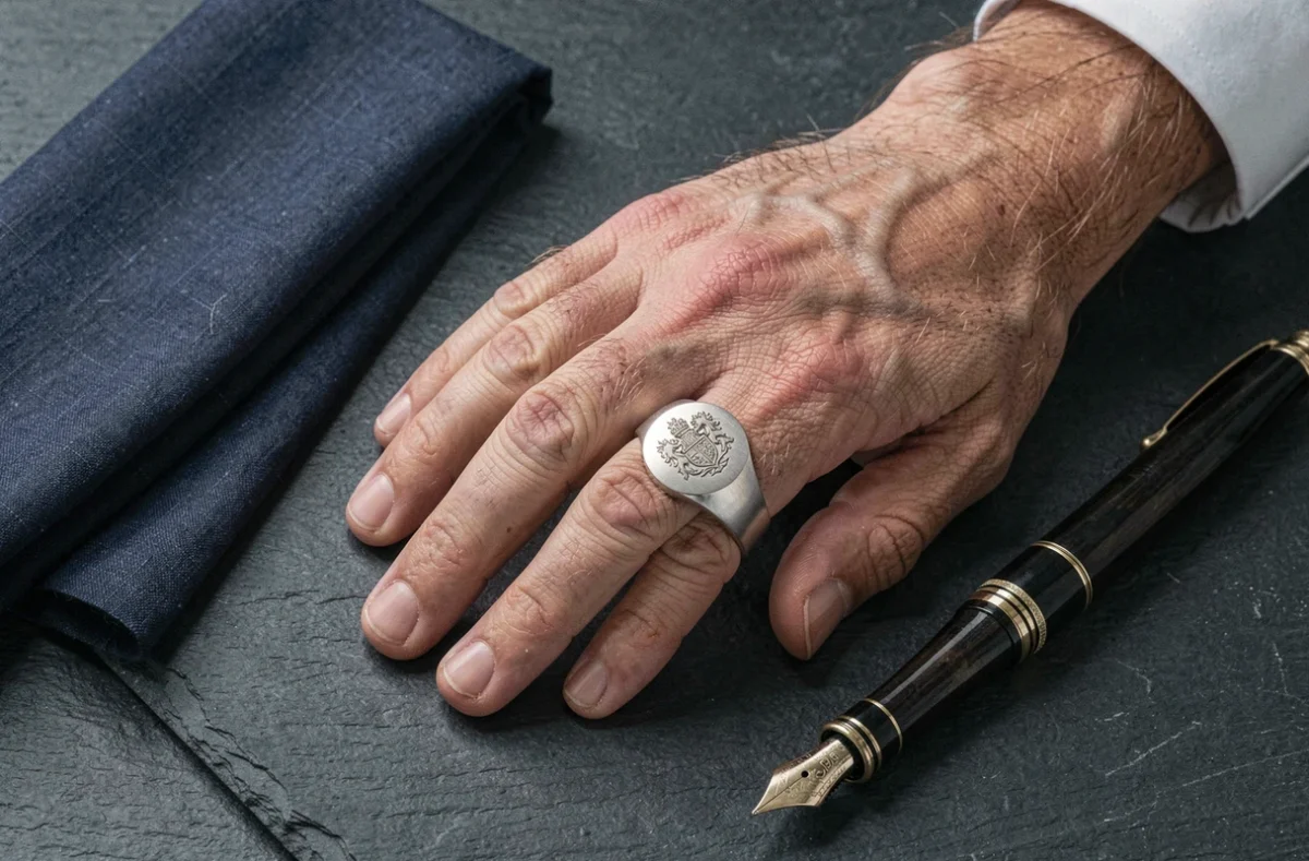 Main d'homme portant une chevalière en or blanc gravée d'un blason héraldique sur surface en ardoise avec stylo plume vintage