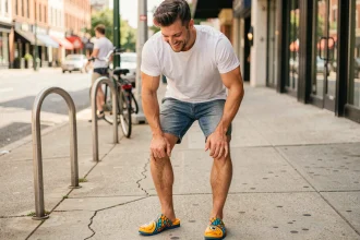 Homme portant des claquettes en forme de poisson avec un short et t-shirt blanc dans une rue urbaine ensoleillée
