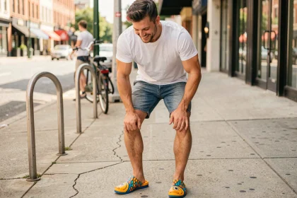 Homme portant des claquettes en forme de poisson avec un short et t-shirt blanc dans une rue urbaine ensoleillée