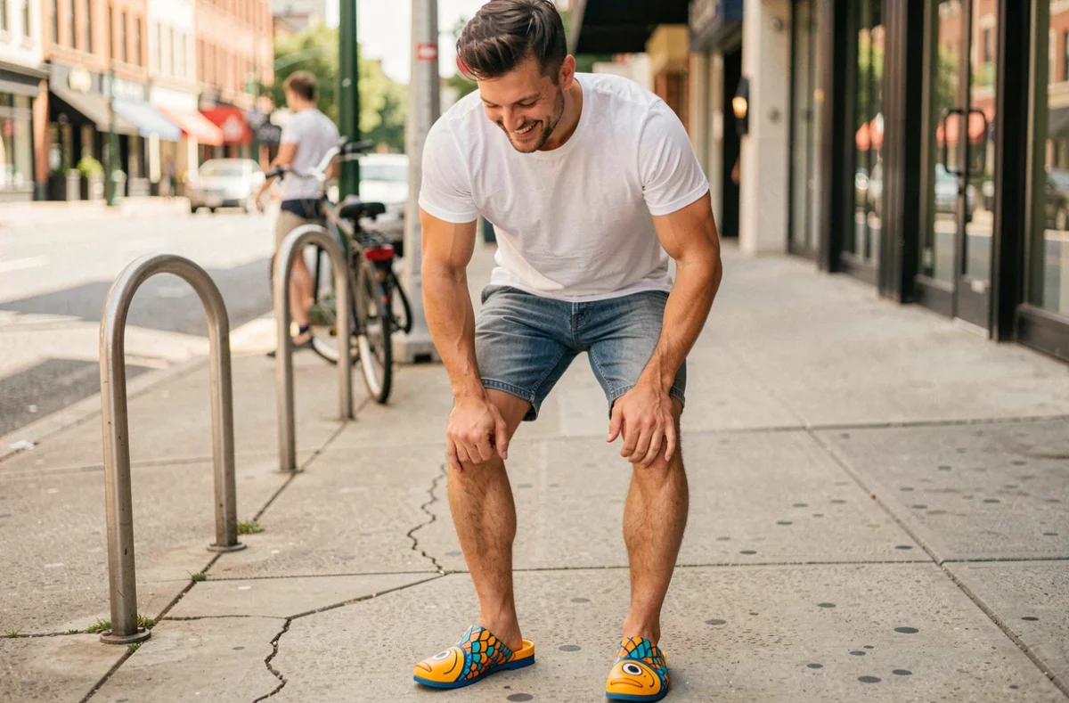 Homme portant des claquettes en forme de poisson avec un short et t-shirt blanc dans une rue urbaine ensoleillée