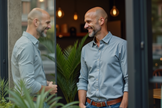 Homme confiant regardant dans une vitrine de café urbain