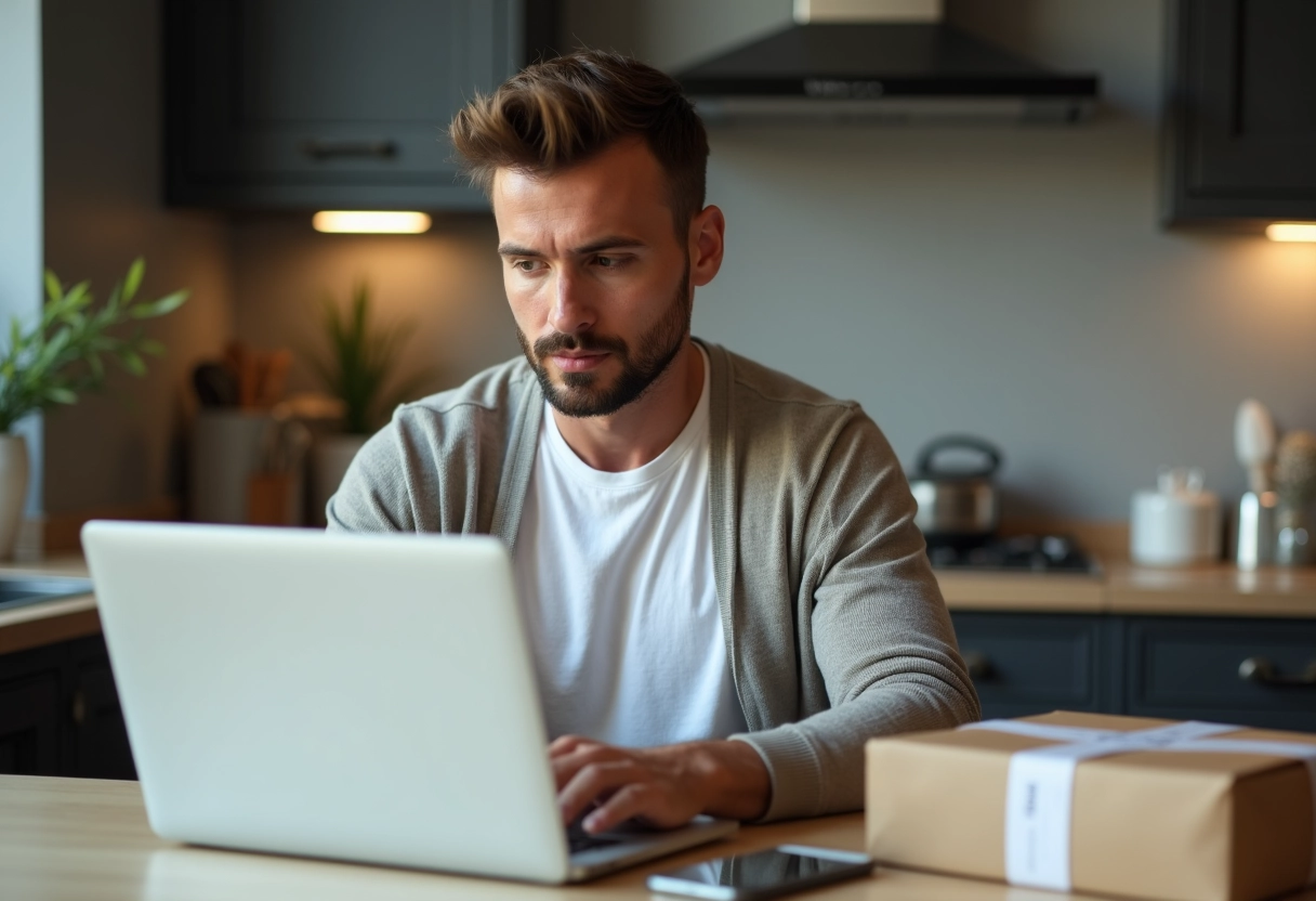 Homme vérifiant une livraison de vêtements sur son ordinateur à la maison
