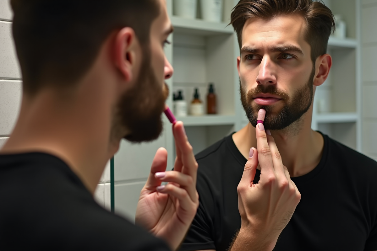 Homme en noir appliquant de la poudre sur les lèvres