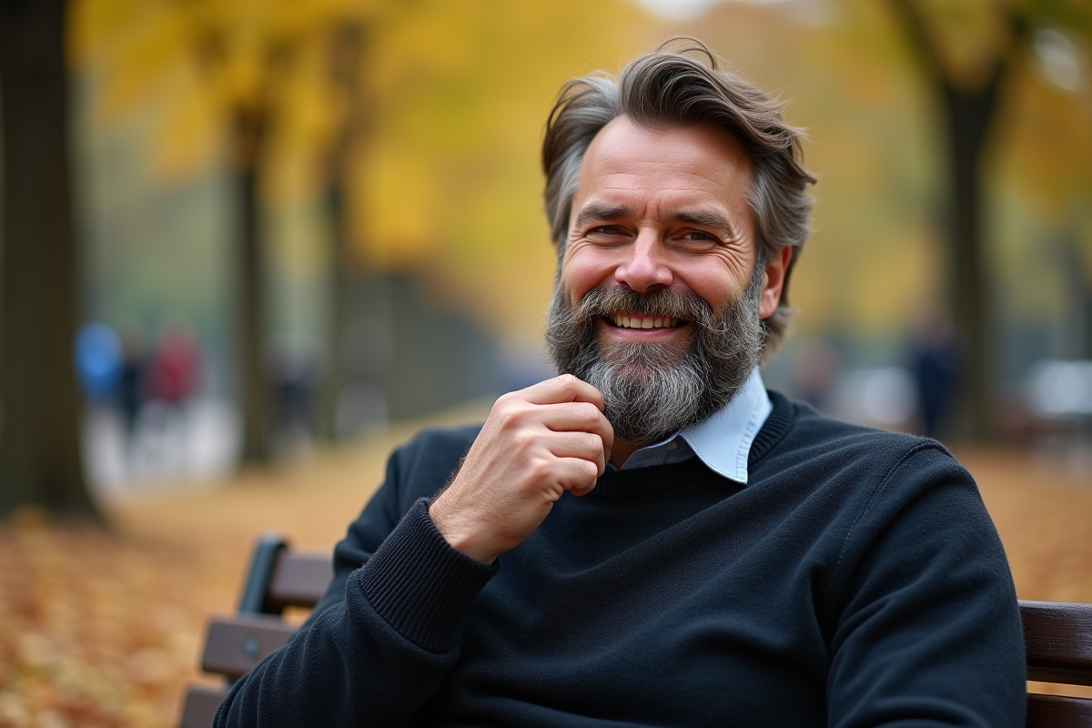 Homme barbu souriant sur un banc dans un parc d