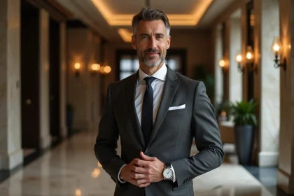 Homme élégant portant une montre de luxe dans un hall d'hôtel haut de gamme, symbole de statut social et de prestige