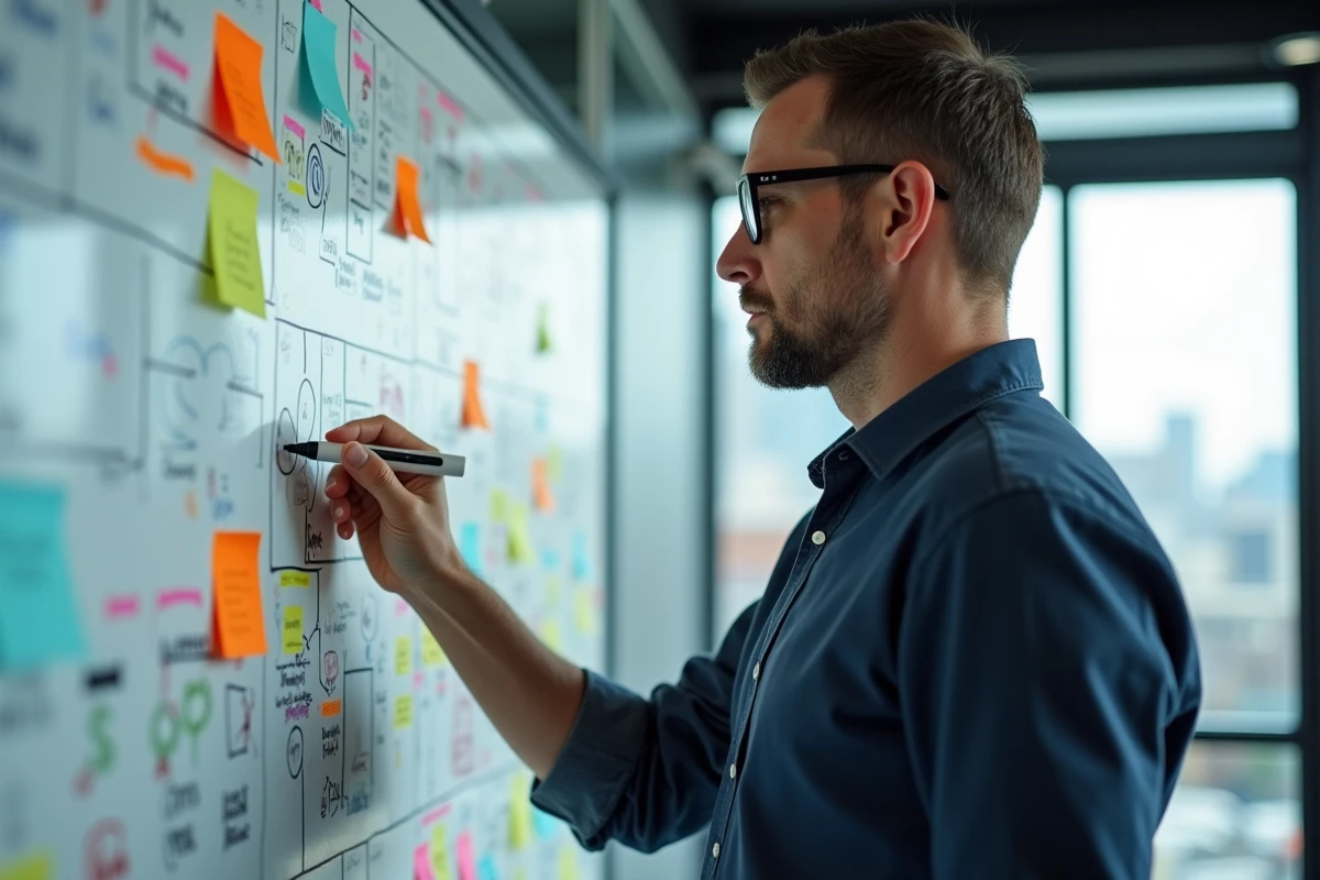 Homme en réunion expliquant un tableau blanc coloré