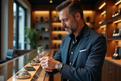 Homme d'&acirc;ge moyen examinant une montre de luxe en boutique