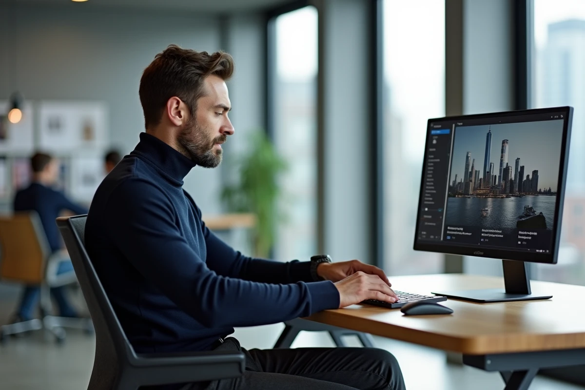 Homme sophistiqué explorant un magazine digital luxe moderne sur ordinateur dans un bureau éditorial épuré