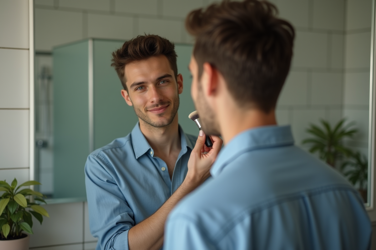Jeune homme maquillant son visage dans la salle de bain